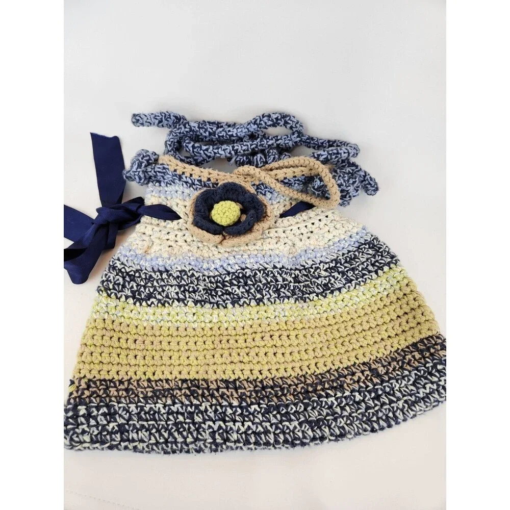 Funky Fun Handmade Crochet Knit Bag Large Purse‎ Boho Hippie Flowers Blue Beige